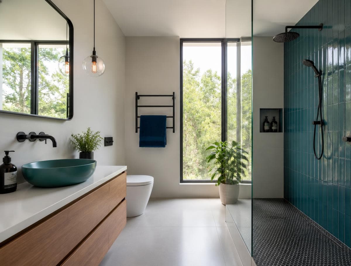 Completed bathroom with tiled shower and matte black fittings